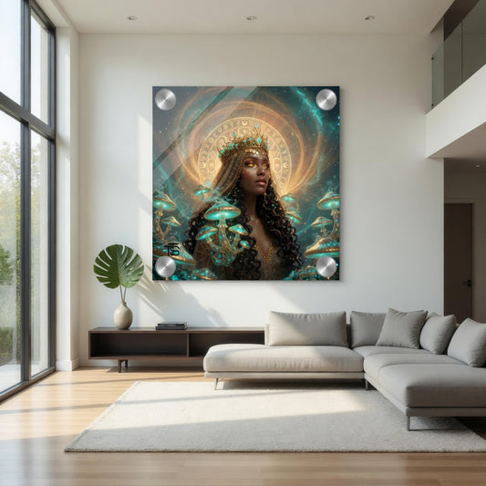 Tableau Plexiglas Reine Mystique Dorée - Art Fantastique Psychédélique Champignons Magiques