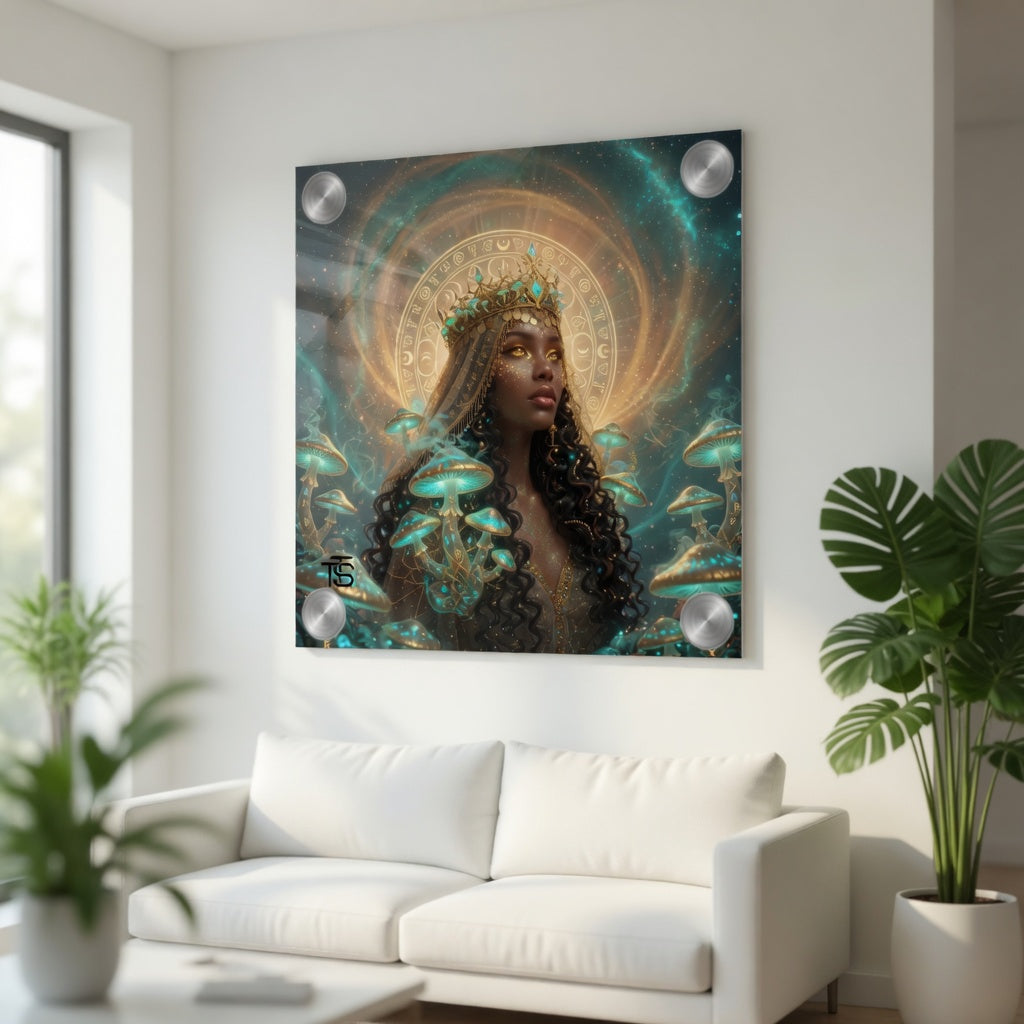 Plexiglas-Bild Mystische Goldene Königin – Psychedelische Fantasy-Kunst Zauberpilze