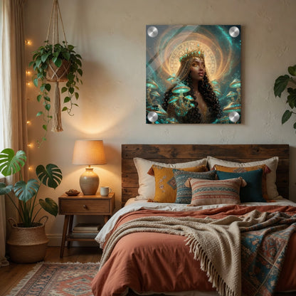 Plexiglas-Bild Mystische Goldene Königin – Psychedelische Fantasy-Kunst Zauberpilze