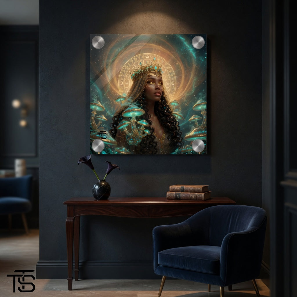 Plexiglas-Bild Mystische Goldene Königin – Psychedelische Fantasy-Kunst Zauberpilze