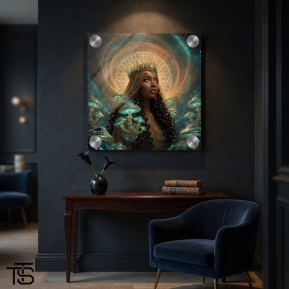 Plexiglas-Bild Mystische Goldene Königin – Psychedelische Fantasy-Kunst Zauberpilze