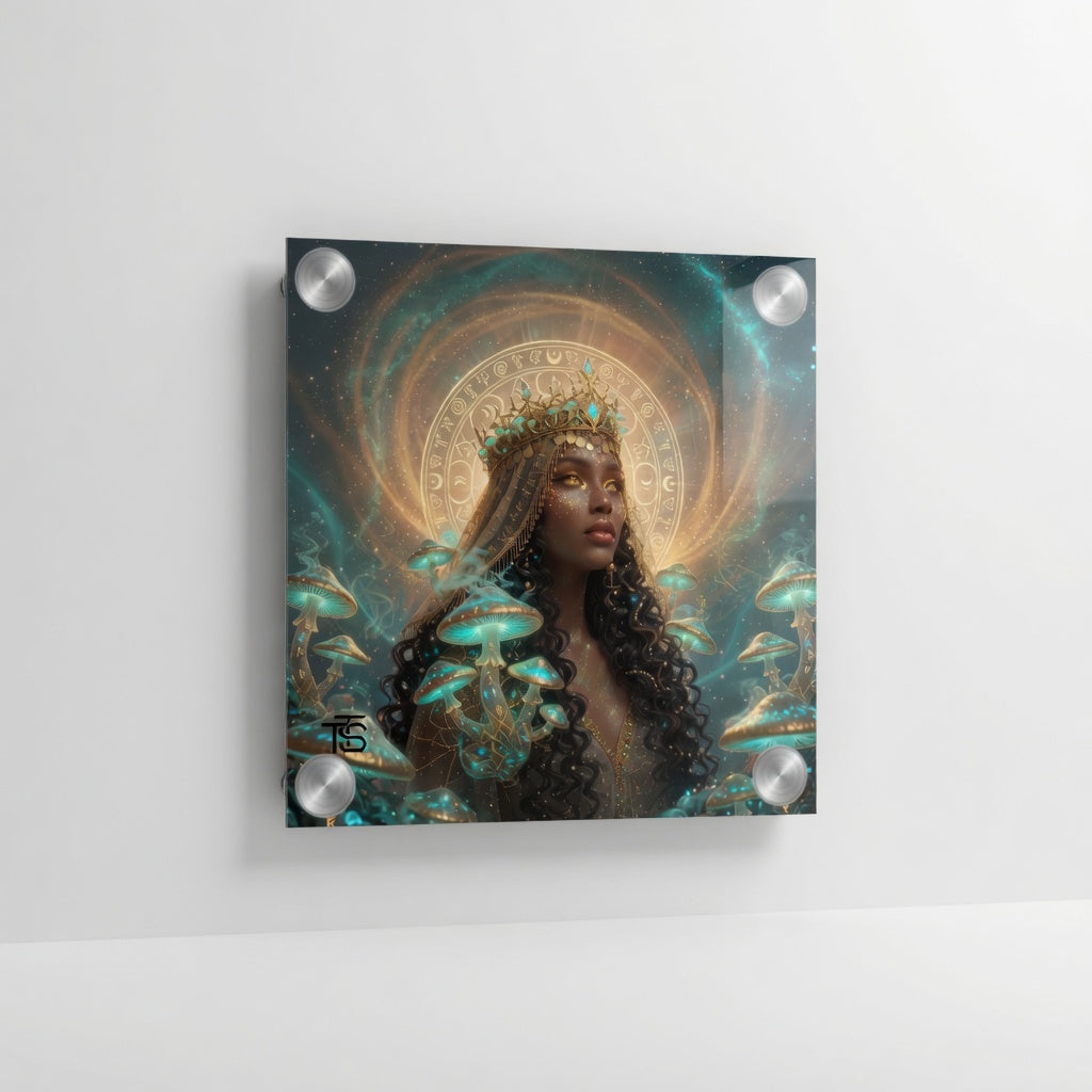 Plexiglas-Bild Mystische Goldene Königin – Psychedelische Fantasy-Kunst Zauberpilze