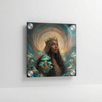 Plexiglas-Bild Mystische Goldene Königin – Psychedelische Fantasy-Kunst Zauberpilze