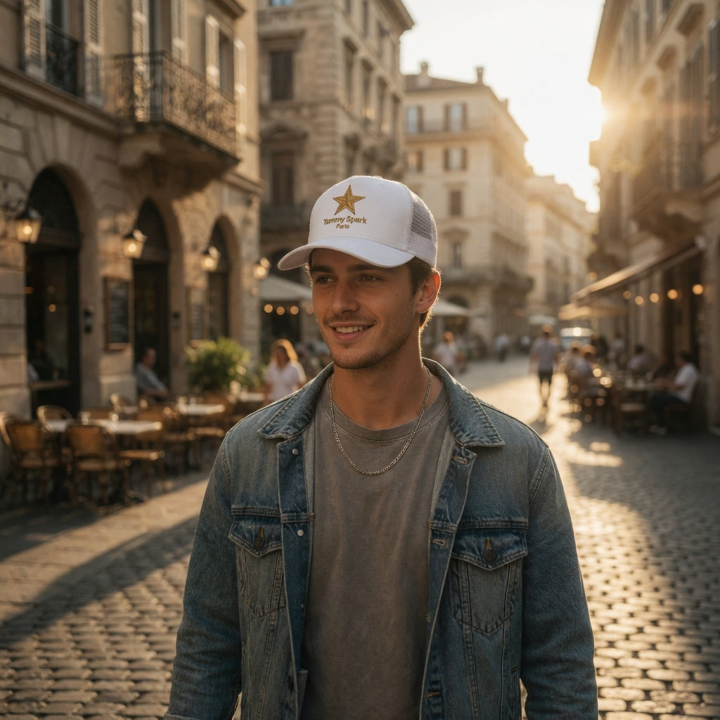 Tommy Spark Paris Luxury Trucker Cap | 5-Panel Yupoong 6006 | Premium Gold Star Hat