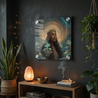 Plexiglas-Bild Mystische Goldene Königin – Psychedelische Fantasy-Kunst Zauberpilze