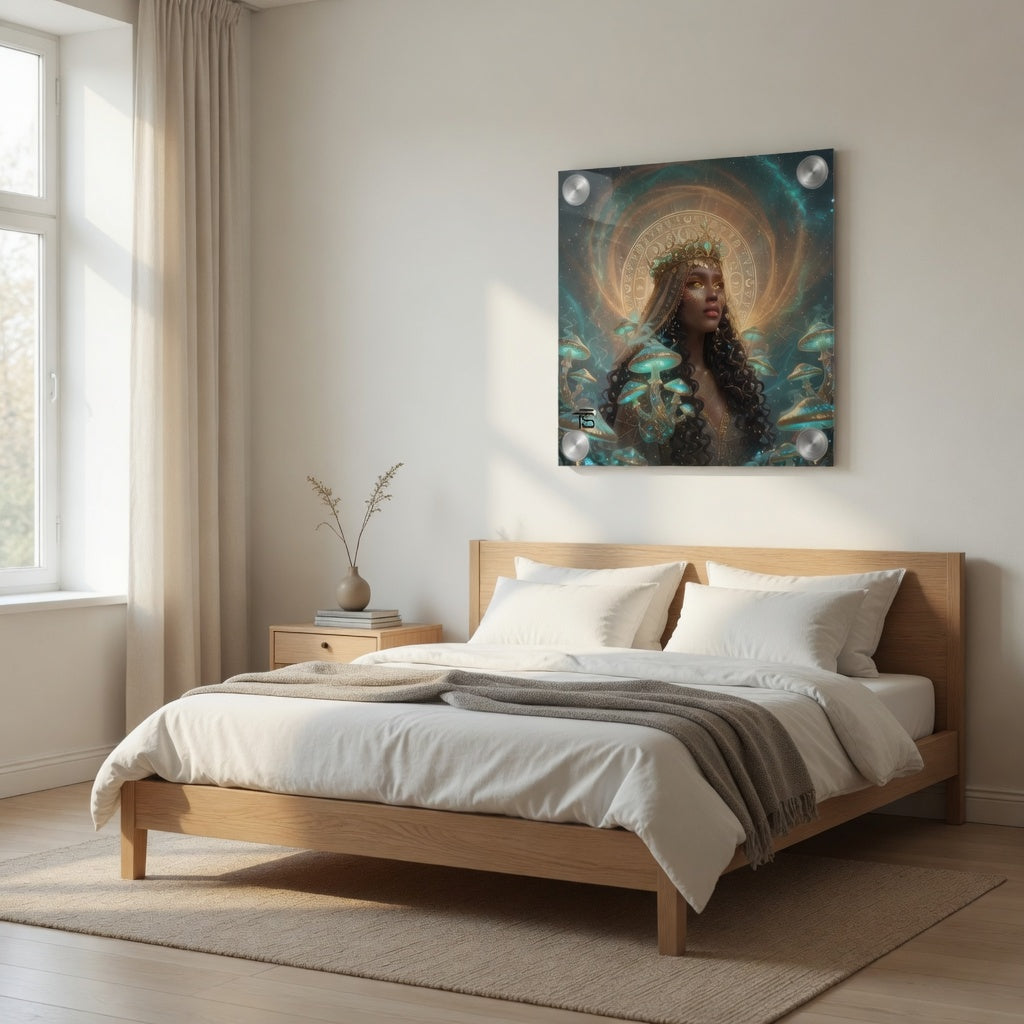 Plexiglas-Bild Mystische Goldene Königin – Psychedelische Fantasy-Kunst Zauberpilze