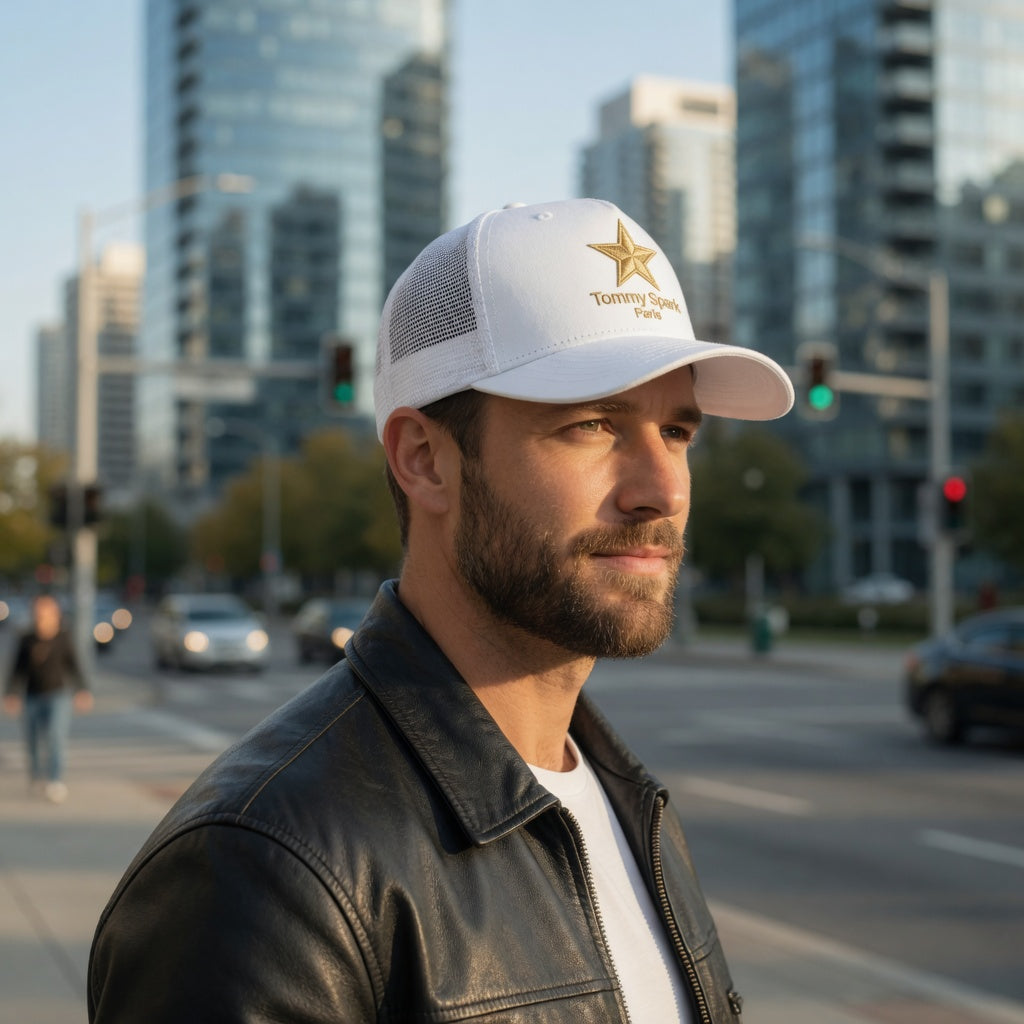 Tommy Spark Paris Luxury Trucker Cap | 5-Panel Yupoong 6006 | Premium Gold Star Hat