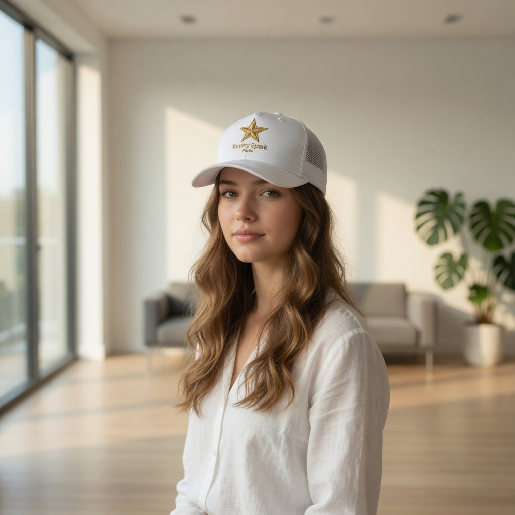 Tommy Spark Paris Luxury Trucker Cap | 5-Panel Yupoong 6006 | Premium Gold Star Hat