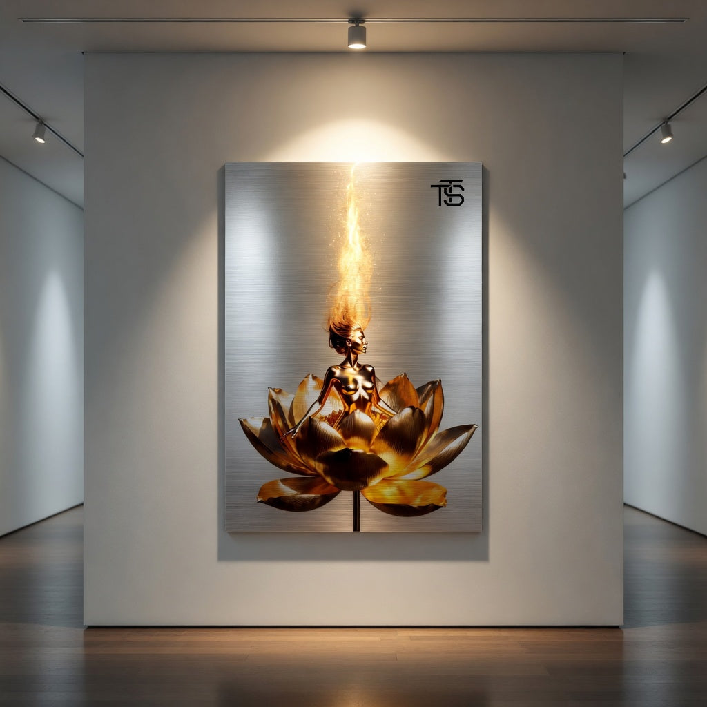 Golden Lotus Dream – Aluminium Brossé | Art Luxe par Tommy Spark