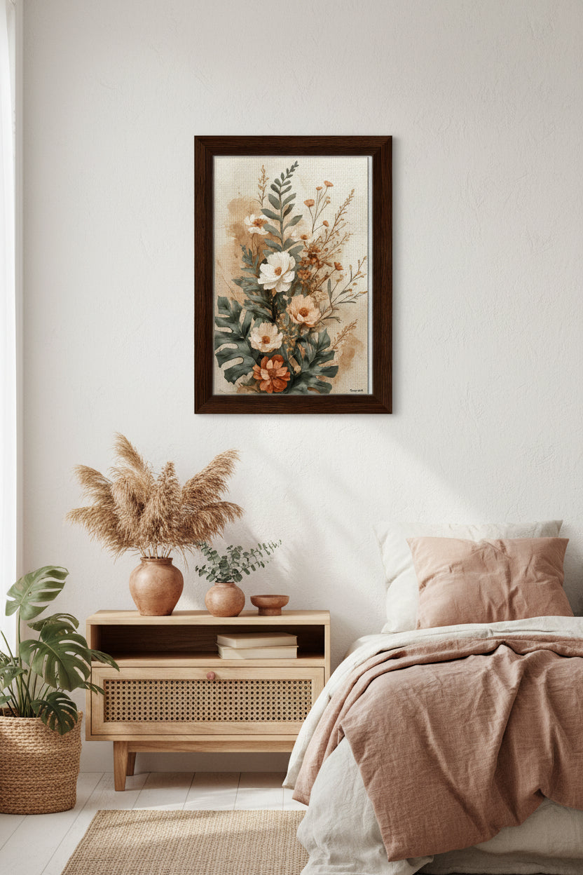 Toile Encadrée Boho Terracotta dans chambre à coucher
