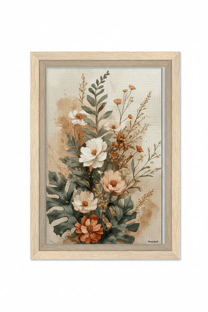 Toile Encadrée Bouquet Floral Boho Terracotta Sauge 20x30 cm
