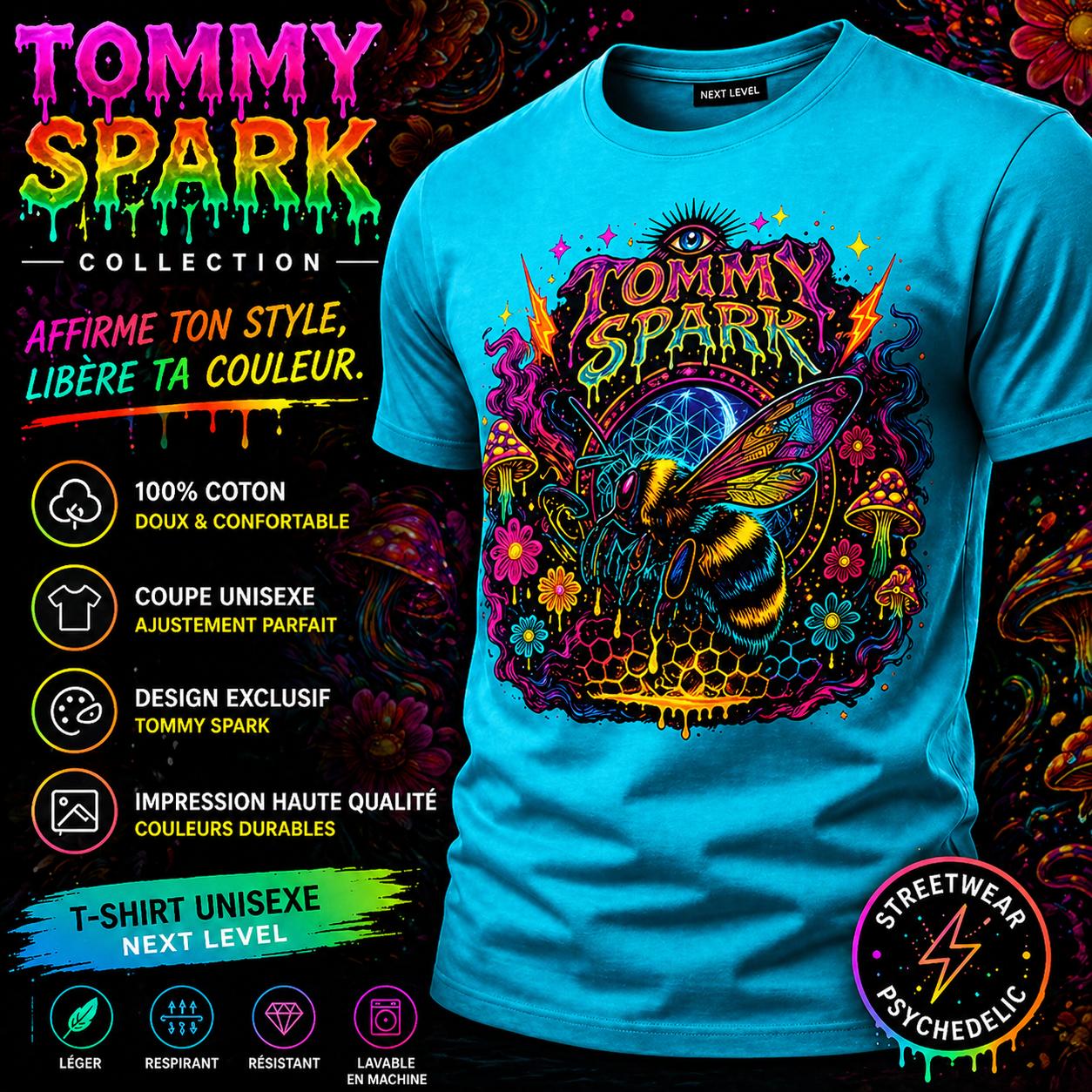 T-Shirt Tommy Spark Bee Psychedelic - Türkis | Unisex Graphic Tee Next Level